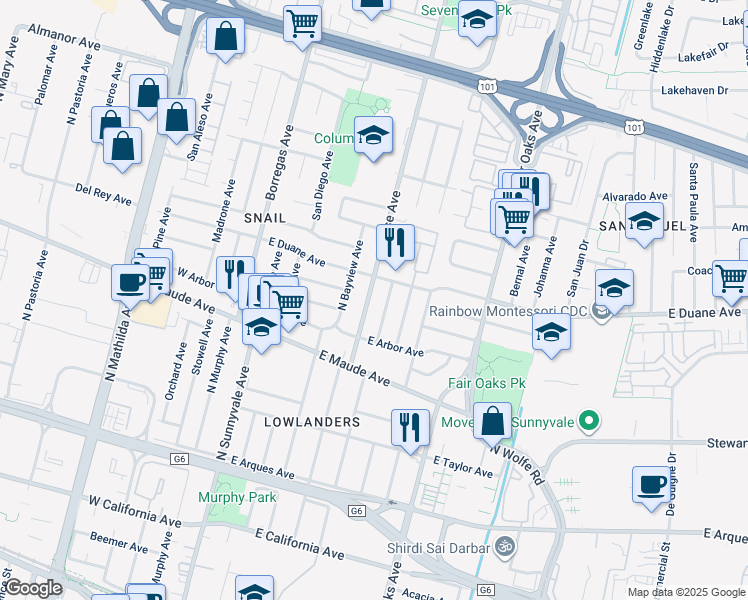 map of restaurants, bars, coffee shops, grocery stores, and more near 582 Morse Avenue in Sunnyvale