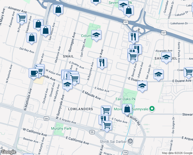 map of restaurants, bars, coffee shops, grocery stores, and more near 582 Morse Avenue in Sunnyvale