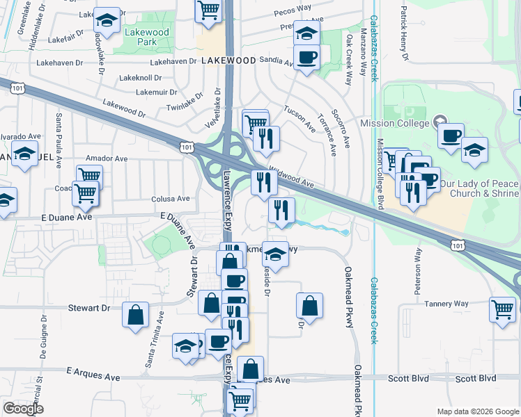 map of restaurants, bars, coffee shops, grocery stores, and more near 1257 Lakeside Drive in Sunnyvale
