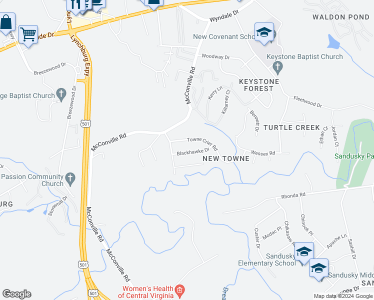 map of restaurants, bars, coffee shops, grocery stores, and more near 320 Blackhawke Drive in Lynchburg