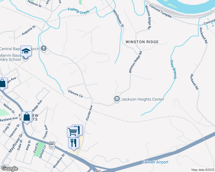 map of restaurants, bars, coffee shops, grocery stores, and more near 700 Mayberry Street in Lynchburg