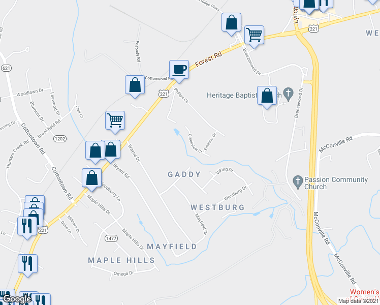 map of restaurants, bars, coffee shops, grocery stores, and more near 107 Creekview Court in Lynchburg