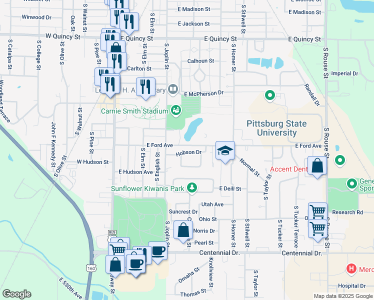 map of restaurants, bars, coffee shops, grocery stores, and more near 505 Hobson Drive in Pittsburg