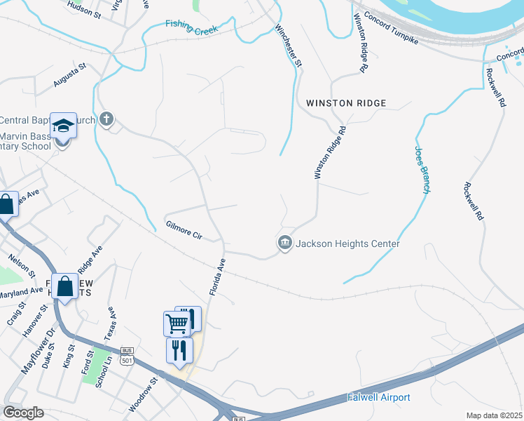 map of restaurants, bars, coffee shops, grocery stores, and more near 700 Mayberry Street in Lynchburg