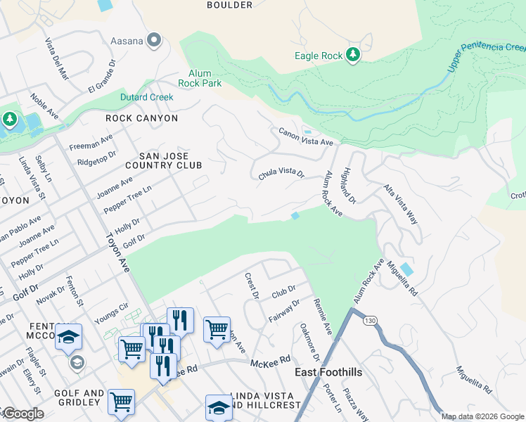 map of restaurants, bars, coffee shops, grocery stores, and more near 11265 Canyon Drive in San Jose