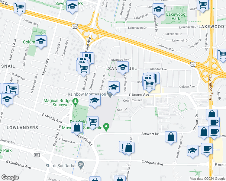 map of restaurants, bars, coffee shops, grocery stores, and more near 764 San Justo Court in Sunnyvale