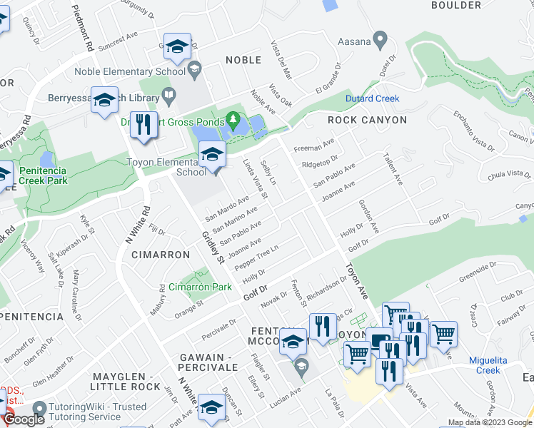 map of restaurants, bars, coffee shops, grocery stores, and more near 3425 San Pablo Avenue in San Jose