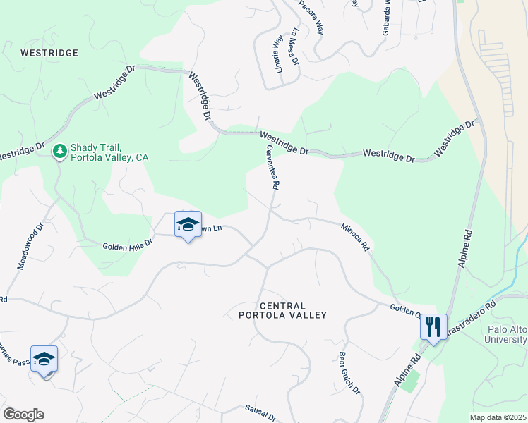 map of restaurants, bars, coffee shops, grocery stores, and more near 210 Cervantes Road in Portola Valley