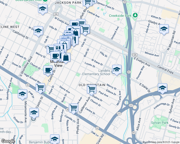 map of restaurants, bars, coffee shops, grocery stores, and more near 375 Velarde Street in Mountain View
