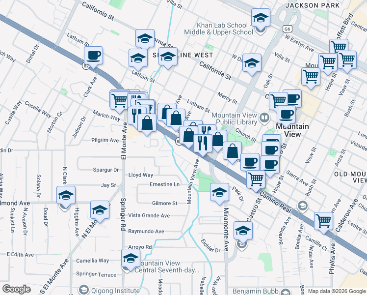 map of restaurants, bars, coffee shops, grocery stores, and more near 1405 West El Camino Real in Mountain View