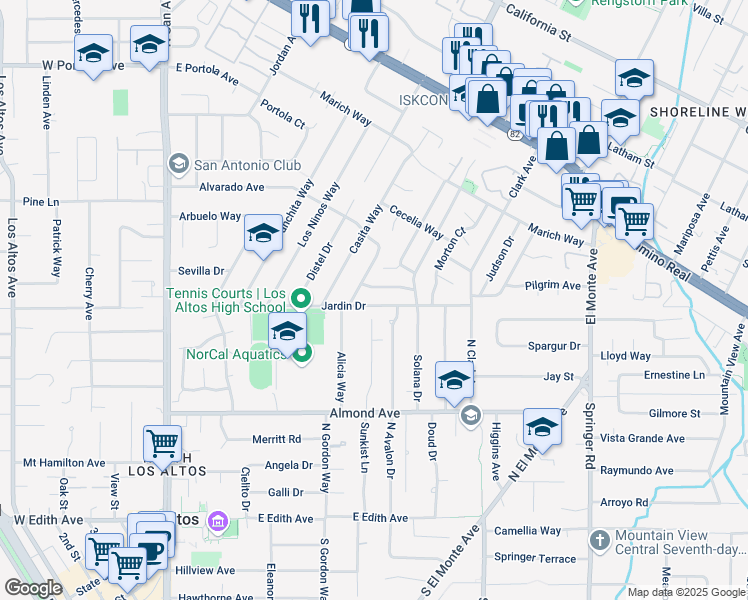 map of restaurants, bars, coffee shops, grocery stores, and more near 2158 Jardin Drive in Mountain View