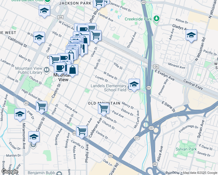 map of restaurants, bars, coffee shops, grocery stores, and more near 260 Velarde Street in Mountain View