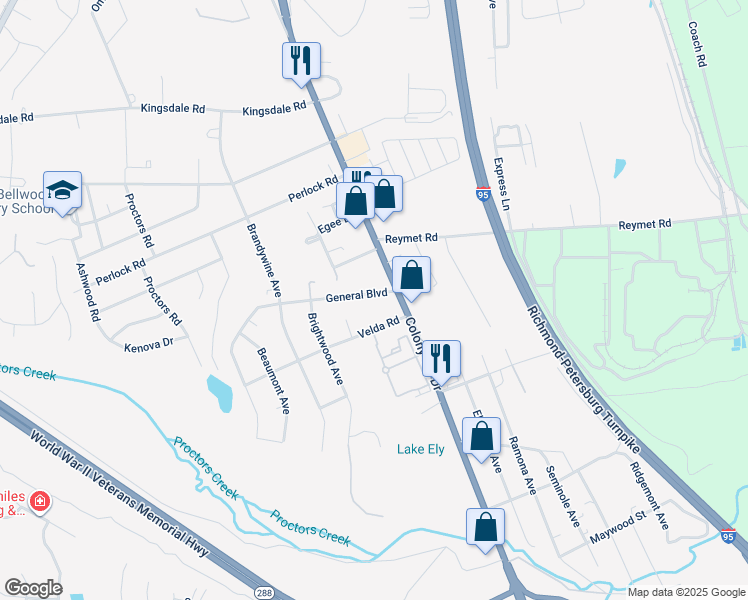 map of restaurants, bars, coffee shops, grocery stores, and more near 2615 General Boulevard in Richmond