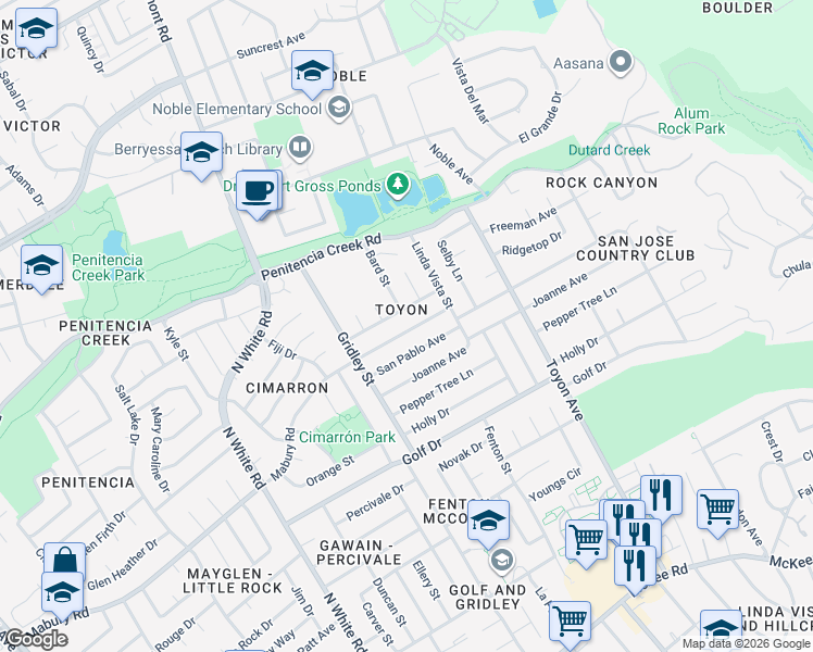 map of restaurants, bars, coffee shops, grocery stores, and more near 3375 San Marino Avenue in San Jose