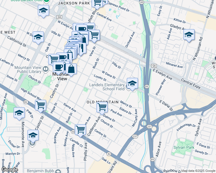 map of restaurants, bars, coffee shops, grocery stores, and more near 260 Velarde Street in Mountain View