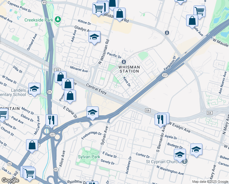 map of restaurants, bars, coffee shops, grocery stores, and more near 418 Nicholas Drive in Mountain View
