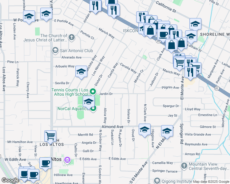 map of restaurants, bars, coffee shops, grocery stores, and more near 2158 Jardin Drive in Mountain View