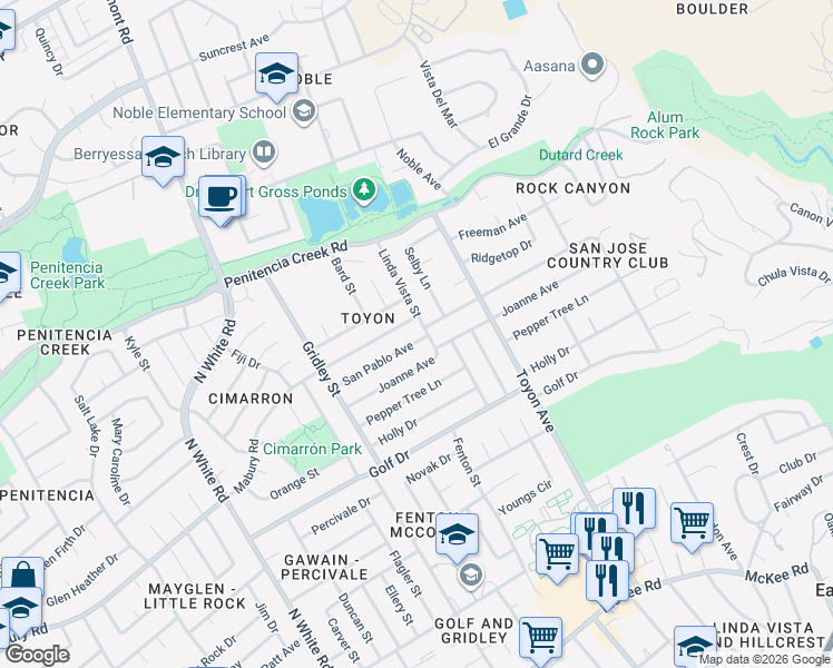 map of restaurants, bars, coffee shops, grocery stores, and more near 3425 San Pablo Avenue in San Jose