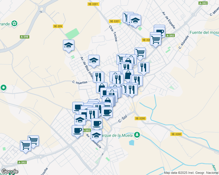 map of restaurants, bars, coffee shops, grocery stores, and more near Calle Alcores in El Viso del Alcor