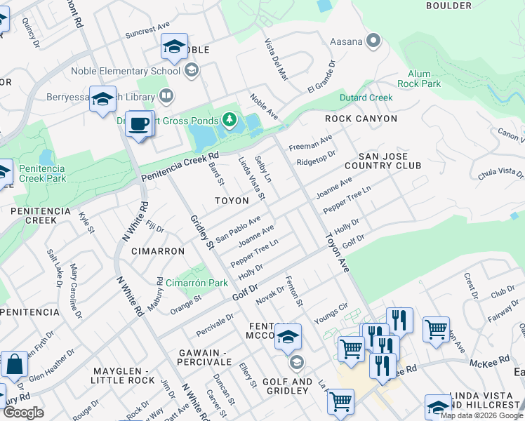 map of restaurants, bars, coffee shops, grocery stores, and more near 3425 San Pablo Avenue in San Jose