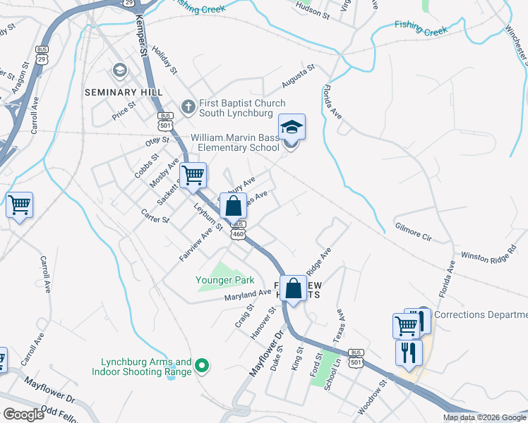map of restaurants, bars, coffee shops, grocery stores, and more near 2025 Pocahontas Street in Lynchburg