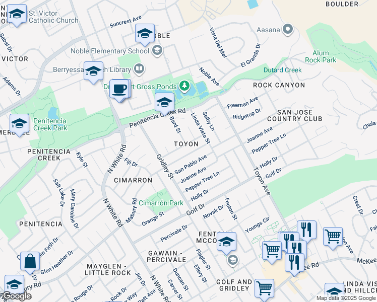 map of restaurants, bars, coffee shops, grocery stores, and more near 3395 San Marino Avenue in San Jose
