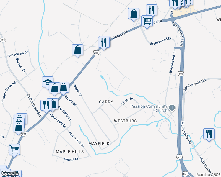 map of restaurants, bars, coffee shops, grocery stores, and more near 107 Creekview Court in Lynchburg
