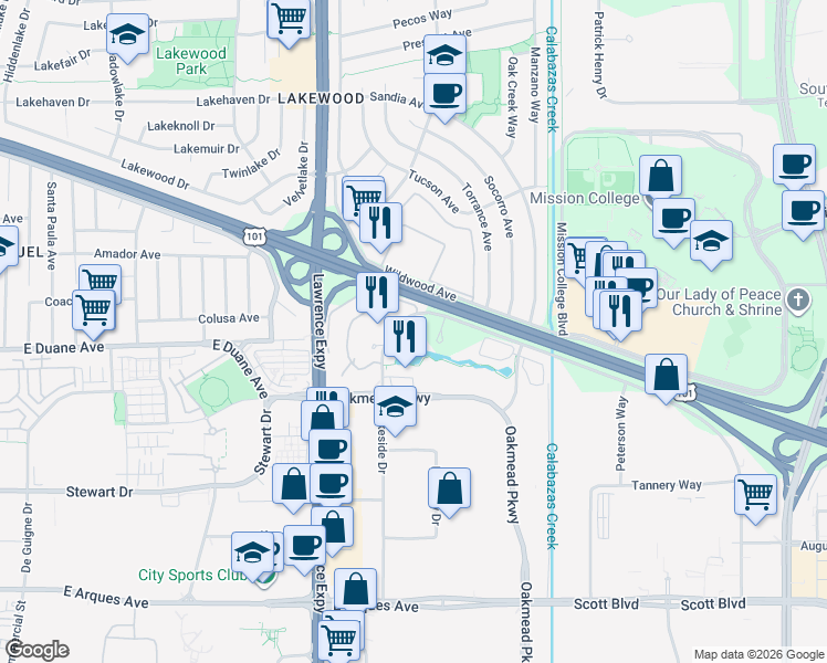 map of restaurants, bars, coffee shops, grocery stores, and more near 1252 Lakeside Drive in Sunnyvale
