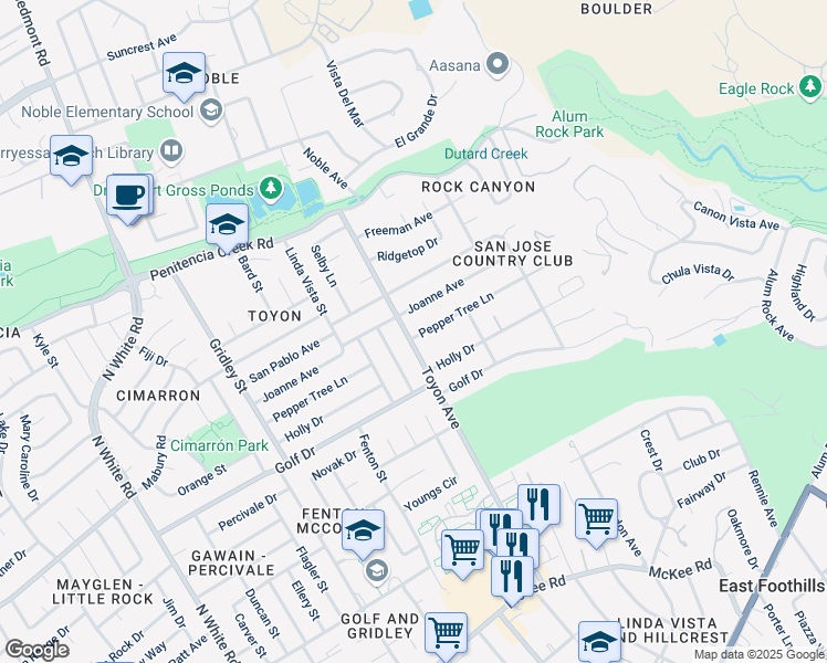 map of restaurants, bars, coffee shops, grocery stores, and more near 3955 Pepper Tree Lane in San Jose