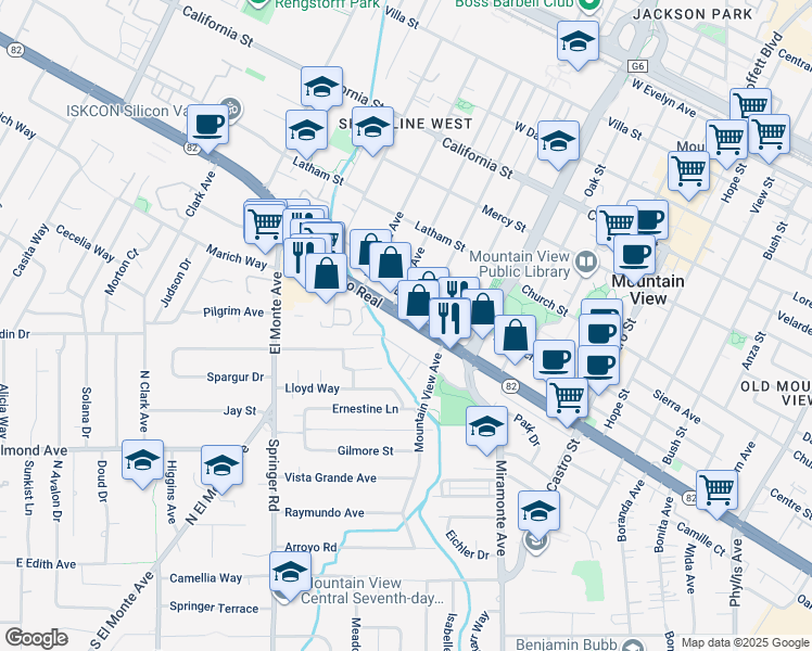 map of restaurants, bars, coffee shops, grocery stores, and more near 1411B West El Camino Real in Mountain View