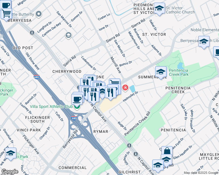 map of restaurants, bars, coffee shops, grocery stores, and more near 1156 Ironstone Court in San Jose