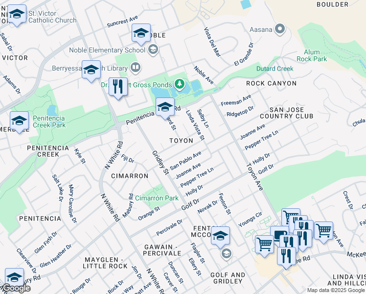 map of restaurants, bars, coffee shops, grocery stores, and more near 3395 San Marino Avenue in San Jose