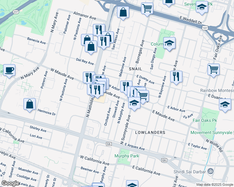 map of restaurants, bars, coffee shops, grocery stores, and more near 150 West Arbor Avenue in Sunnyvale