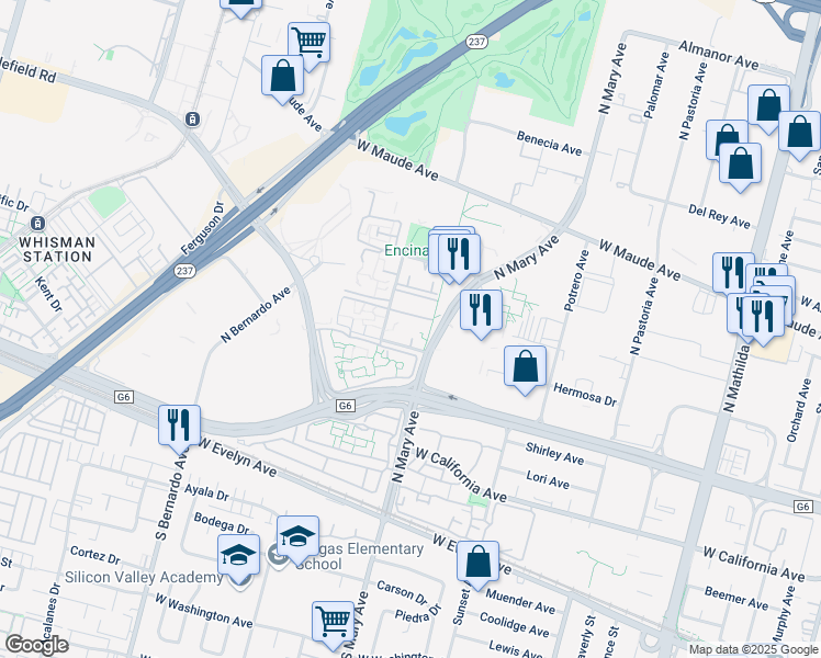 map of restaurants, bars, coffee shops, grocery stores, and more near 955 Escalon Avenue in Sunnyvale