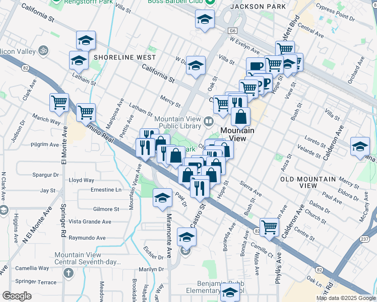 map of restaurants, bars, coffee shops, grocery stores, and more near 651 Franklin Street in Mountain View