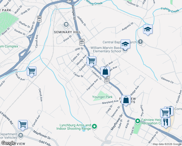 map of restaurants, bars, coffee shops, grocery stores, and more near 2236 Easley Avenue in Lynchburg
