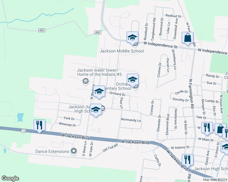 map of restaurants, bars, coffee shops, grocery stores, and more near 1922 Orchard Drive in Jackson
