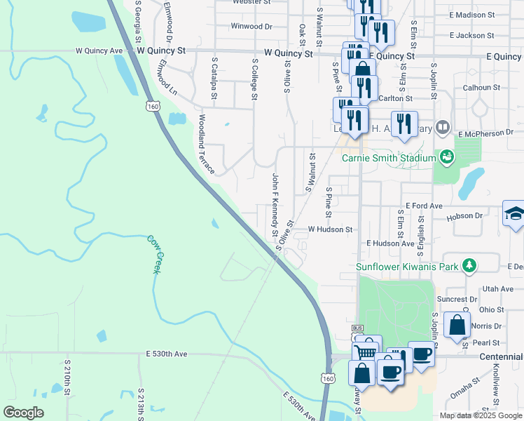 map of restaurants, bars, coffee shops, grocery stores, and more near 403 West Ford Street in Pittsburg