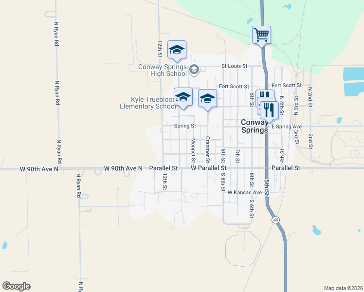 map of restaurants, bars, coffee shops, grocery stores, and more near 125 Highland Street in Conway Springs