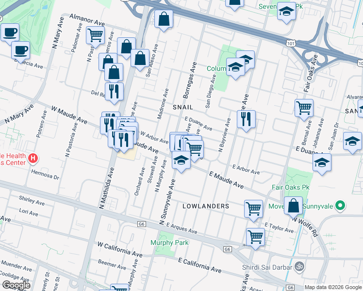 map of restaurants, bars, coffee shops, grocery stores, and more near 557 Waite Avenue in Sunnyvale