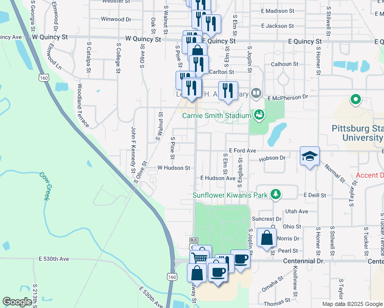 map of restaurants, bars, coffee shops, grocery stores, and more near 1902 South Broadway Street in Pittsburg