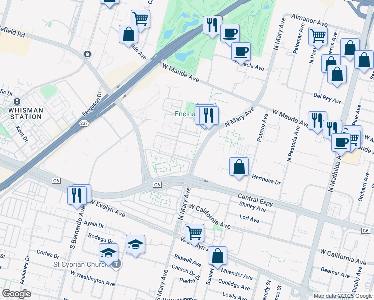 map of restaurants, bars, coffee shops, grocery stores, and more near 955 Escalon Avenue in Sunnyvale