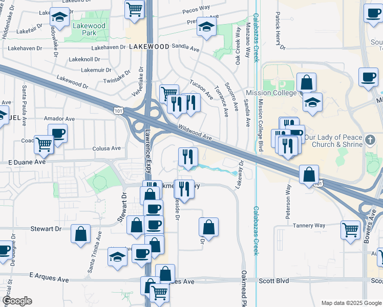 map of restaurants, bars, coffee shops, grocery stores, and more near 1252 Lakeside Drive in Sunnyvale