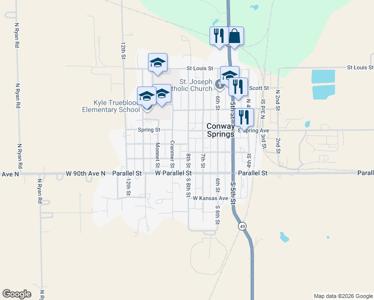 map of restaurants, bars, coffee shops, grocery stores, and more near 128 8th Street in Conway Springs