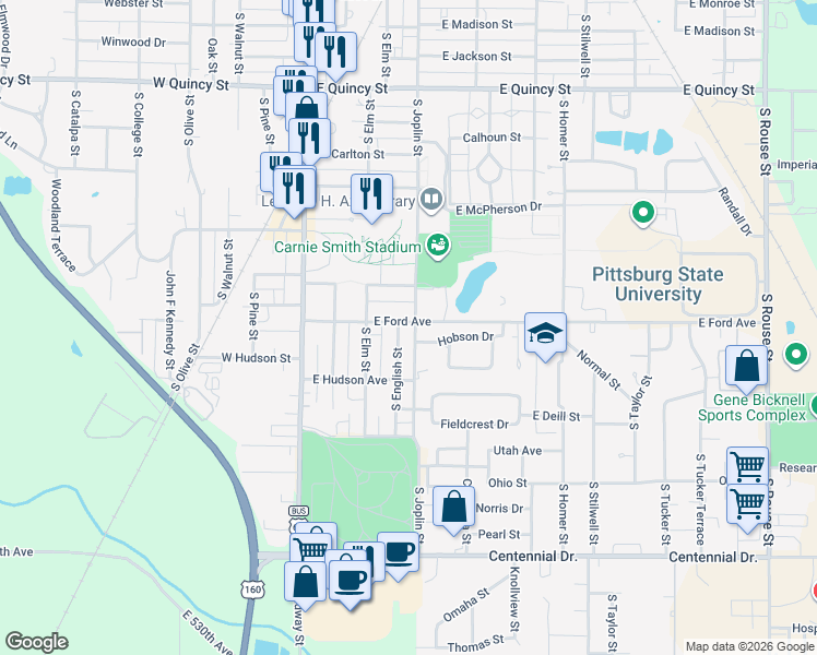 map of restaurants, bars, coffee shops, grocery stores, and more near 1902 South Joplin Street in Pittsburg