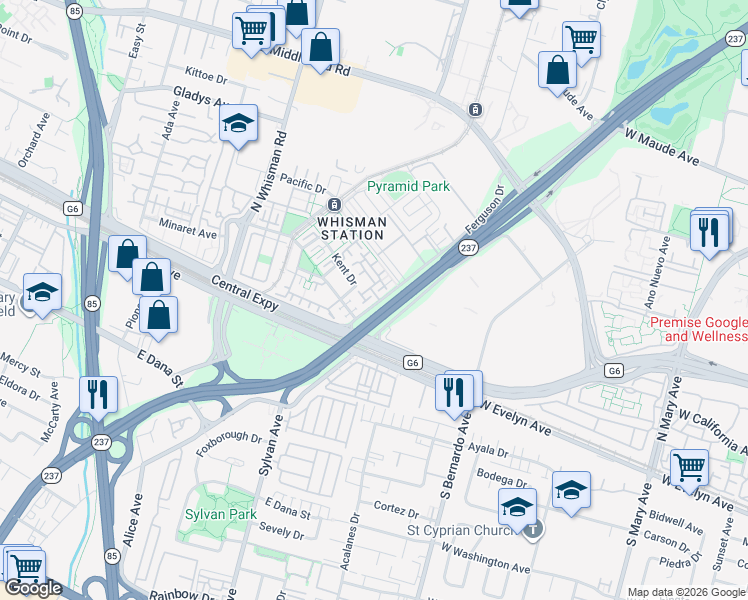 map of restaurants, bars, coffee shops, grocery stores, and more near 176 Ferguson Drive in Mountain View