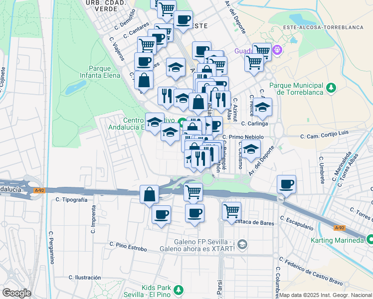 map of restaurants, bars, coffee shops, grocery stores, and more near 8 Plaza la Malagueta in Sevilla
