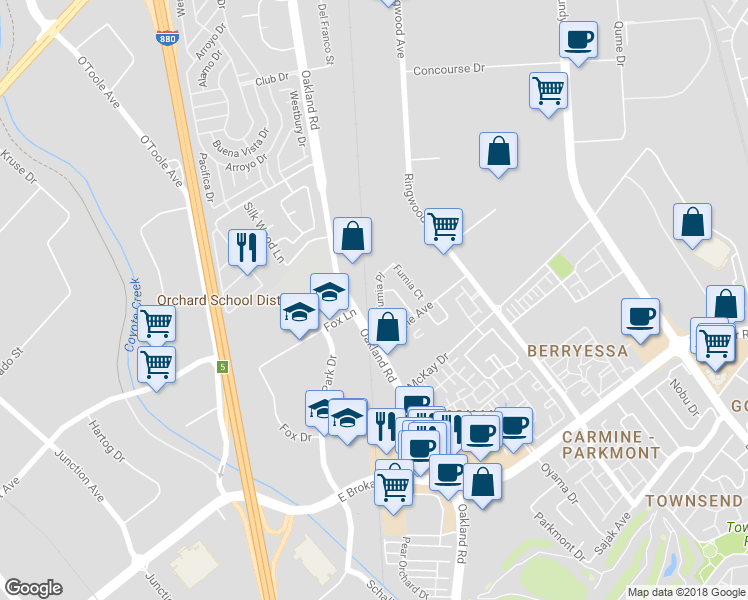 map of restaurants, bars, coffee shops, grocery stores, and more near 1866 Fumia Place in San Jose