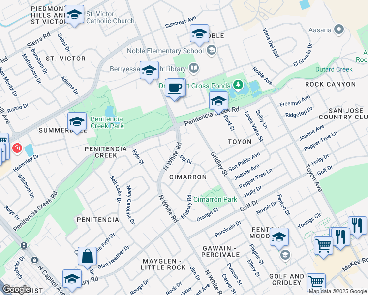 map of restaurants, bars, coffee shops, grocery stores, and more near 3227 Almansa Court in San Jose