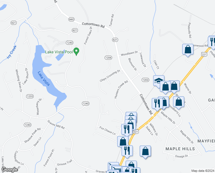map of restaurants, bars, coffee shops, grocery stores, and more near 213 Clays Crossing Drive in Forest